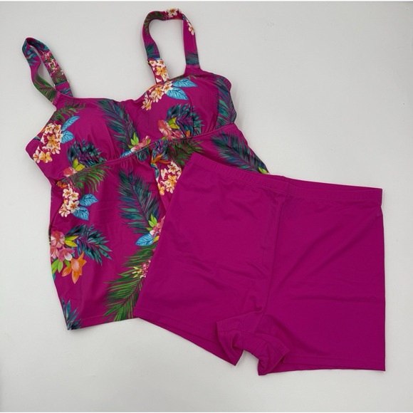 Swimsuits For All Women’s 2 Piece Tankini Bike Shorts Raspberry Tropic Size 12 - Picture 1 of 10